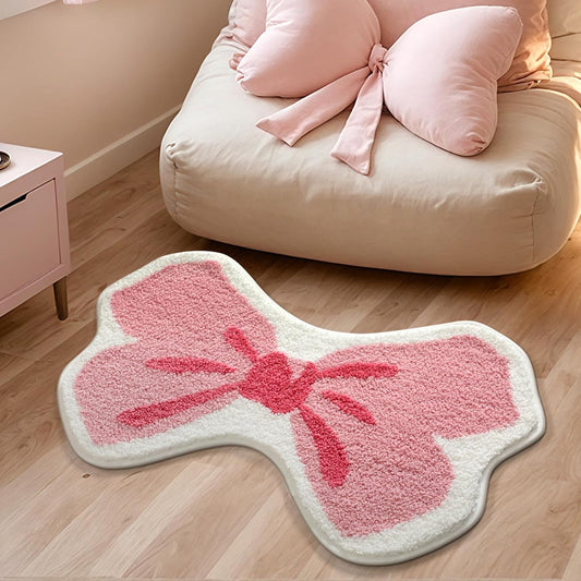Cute Bow Shaped Bath Mat, Non Slip Coquette Bathroom Rug, Fluffy Plush Microfiber Absorbent Shower Rug, Washable Preppy Girly Decor for Bathtub Sink Bedroom Living Room, 31.5" x 20" (Light Pink)