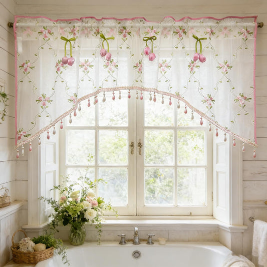 Romantic Floral Sheer Curtain Valance with Beaded Vintage Pink Tulip Embroidery Light Filtering Voile Window Valance for Kitchen Bathroom Bedroom Room Divider Rod Pocket Top 1 Panel W55 x L24 Inch