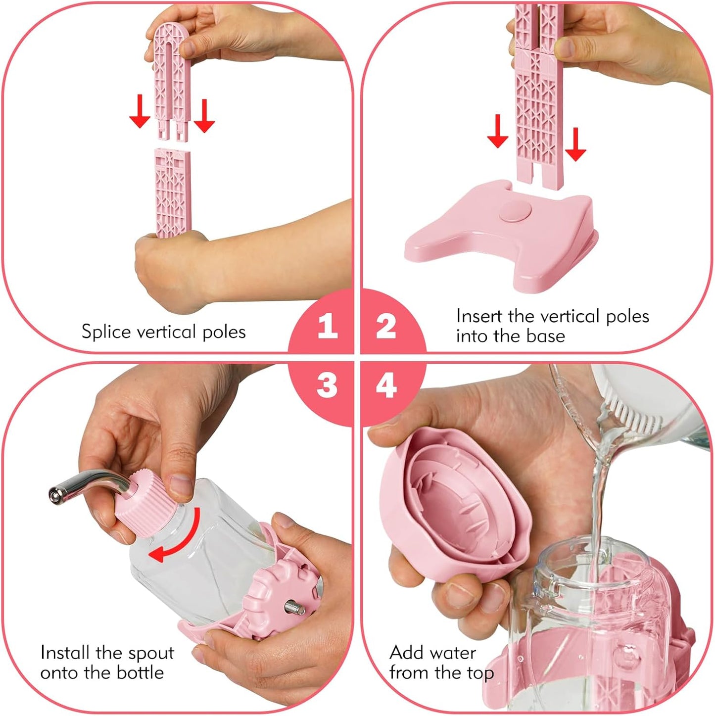 VANNON Pet Standing Water Dispenser Top Fill Dog Water Bottle Dispenser with Stand Leakproof Pet Slow Water Bottle for Small Animals, 13oz, BPA Free, Adjustable Height, Pink