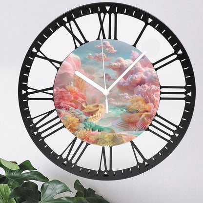 Metal Wall Clock for Living Room -10" Pastel Coral Landscape Pink Clouds Silent Non Ticking,Battery Operated, Antique Clocks for Farmhouse,Bedroom,Kitchen - Rome Numerals