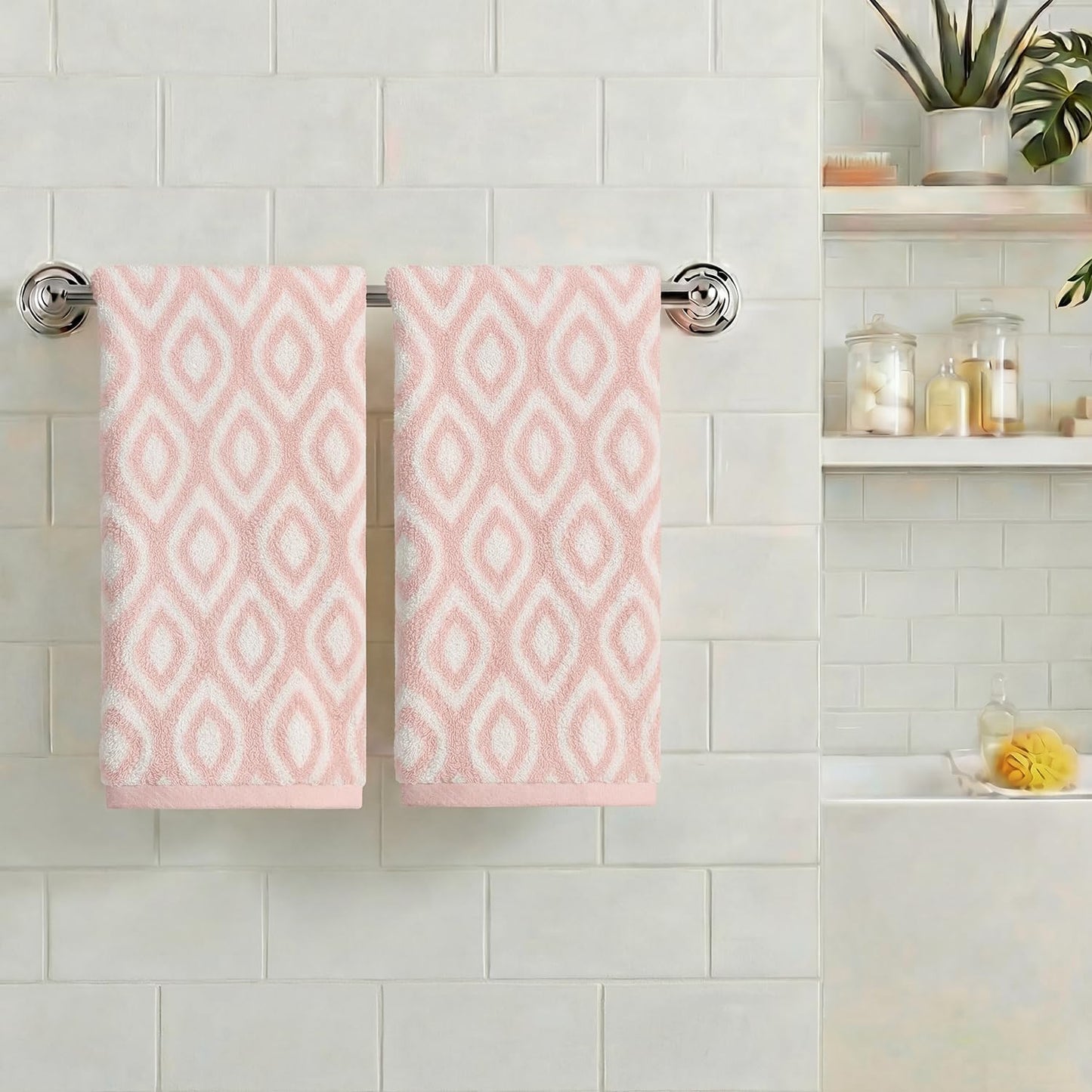 Artoid Mode 2 Pcs Beige Pink Diamond Grid Jacquard Hand Towels for Bathroom, 100% Cotton Soft Absorbent Bathroom Decor Towels, 13.7 x 29.5 Inch
