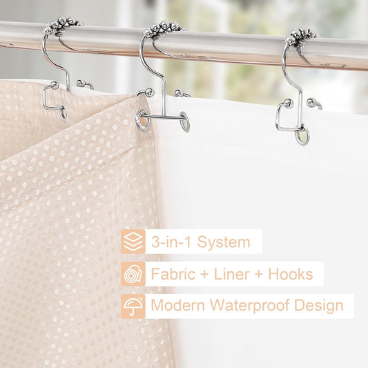 3 in 1 Shower Curtain Set, Blush Pink Waffle Shower Curtain and PEVA Liner Set with 12 Stainless Steel Shower Curtain Hooks, Waterproof Shower Curtains for Bathroom, 72 W x 72 H