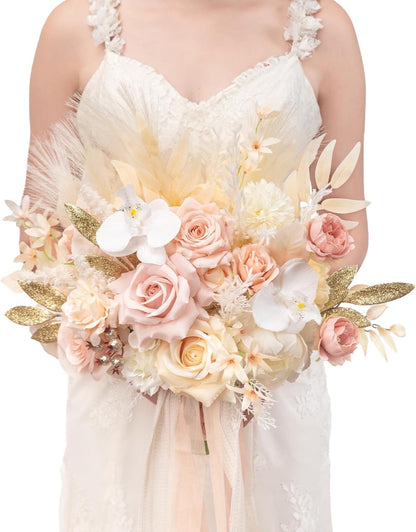 TINGE TIME 13 Inch Artificial Flower Wedding Bouquets for Bride, Cascading Bridal Bouquet for Wedding Bouquet for Wedding Ceremony and Anniversary(Champagne&Pink)