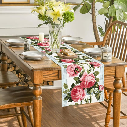 Pink Rose Eucalyptus Floral Leaves Summer Table Runner, Spring Kitchen Dining Table Decoration for Valentine's Day Home Party Decor 13x72 Inch (Pink)
