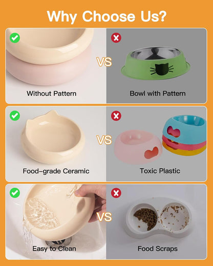 Cat Bowls, Ceramic Cat Bowls Food and Water Bowl Set, Whisker Friendly Cute Kitten Food Bowls for Protecting Pet's Spine, Perfect for Dry & Wet Food, Pink & Beige