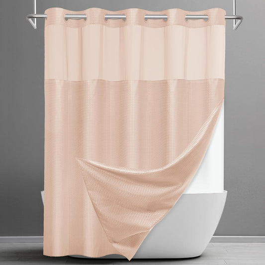 SORTTO No Hook Shower Curtain with Snap in Liner Set Waffle Shower Curtain for Bathroom Hotel Style Fabric Waterproof Inner Liner，71" W x 74" H, Blush Pink