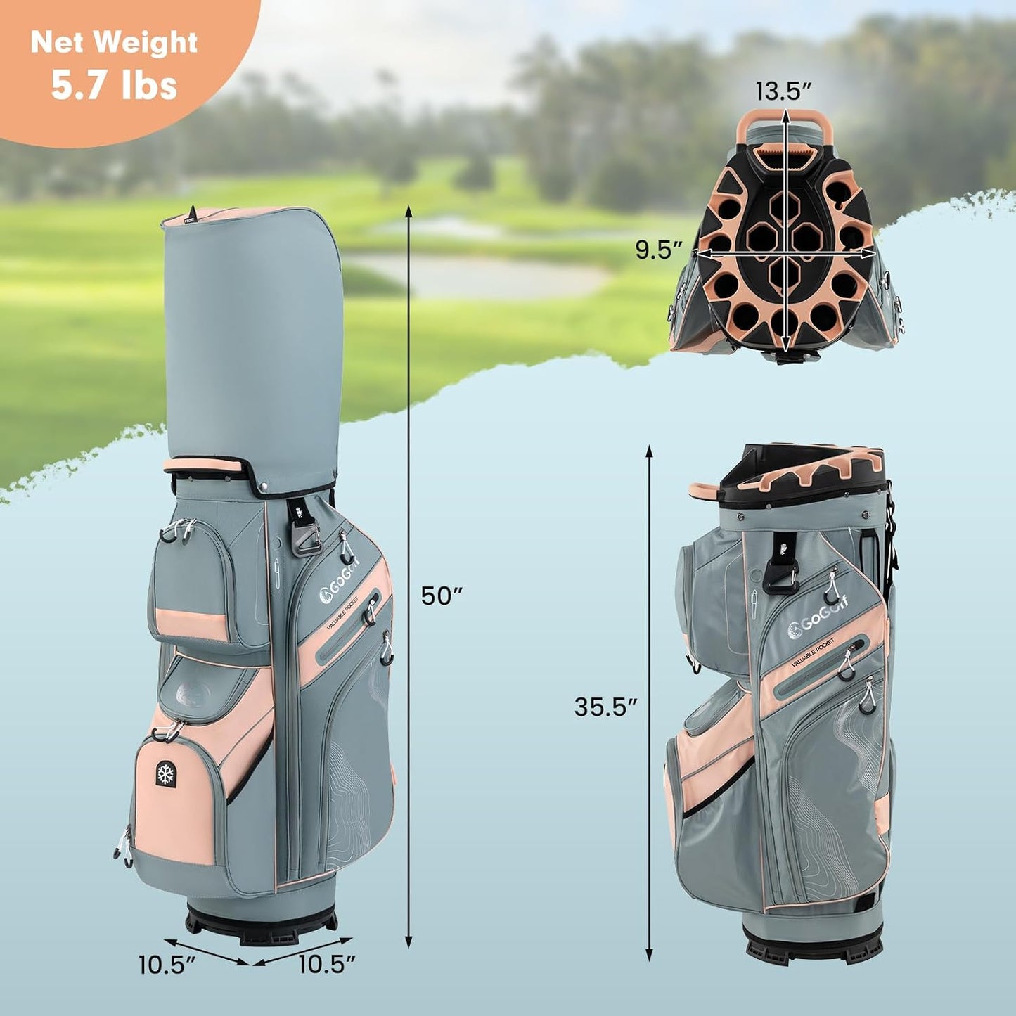 Tangkula Golf Cart Bag with 14-Way Full Length Dividers, 6 Molded Lock Top Golf Club Bag with 11 Pockets, Cooler Bag, Padded Strap, Handles, Umbrella Holder & Rain Hood