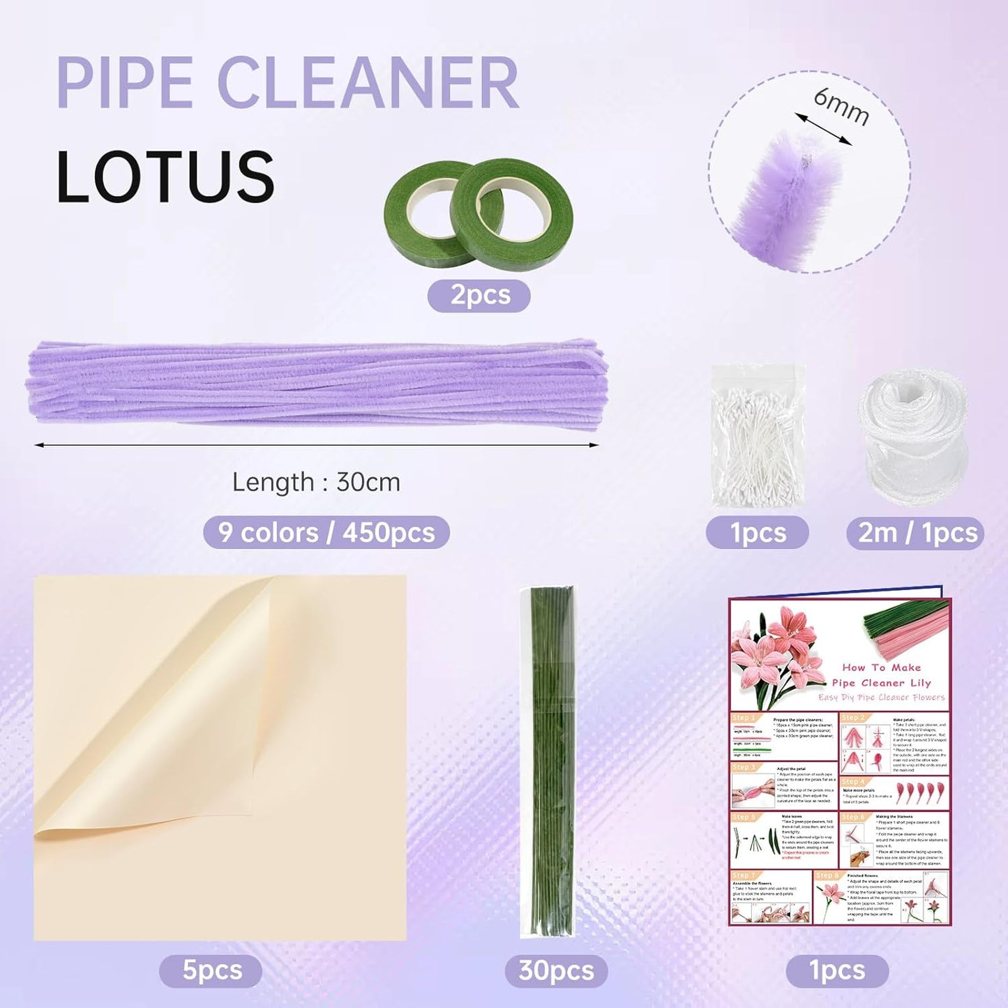Morcheiong 480 Pcs Pipe Cleaners Set Craft Flowers Making Kit for DIY Arts Supplies- Pink and Purple Series