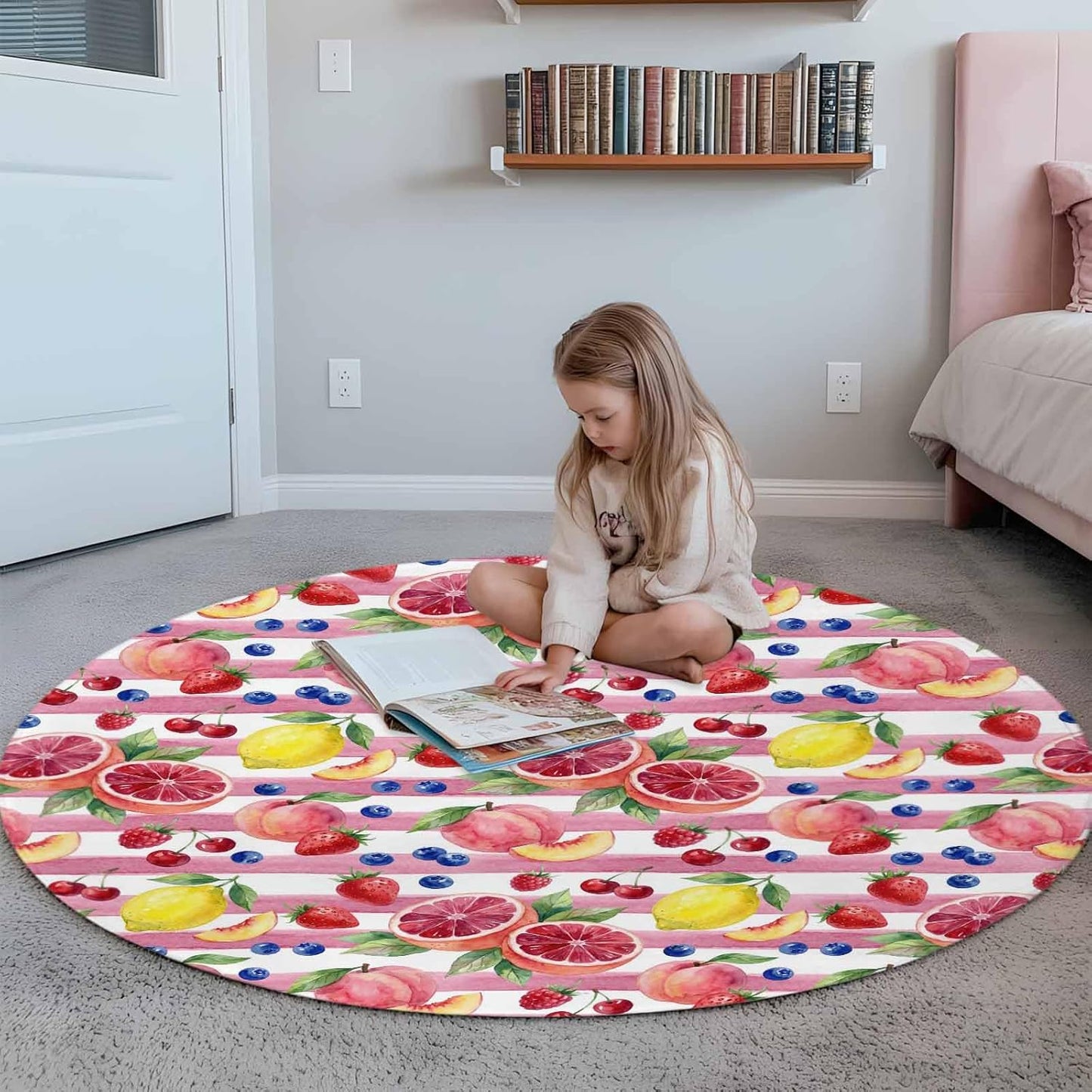 3ft Soft Round Area Rugs Summer Peach Lemon Grapefruit Indoor Carpet for Living Room Bedroom Nursery Washable Circle Floor Mats Blueberry Strawberry Pink Stripe Decor