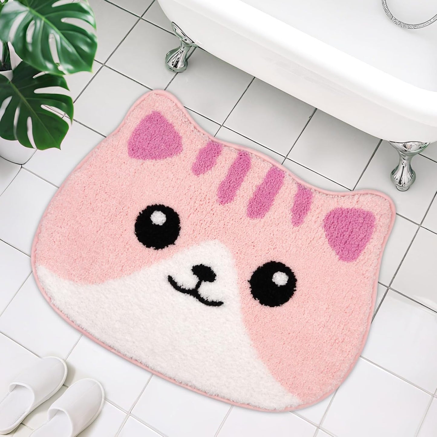 Bathroom Rugs - Cute Pink Cat Bath Mat, Kawaii Kitty Face Bath Rug for Girls, Soft Non-Slip Absorbent Floor Mat for Bathroom Decor