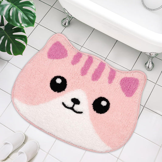 Bathroom Rugs - Cute Pink Cat Bath Mat, Kawaii Kitty Face Bath Rug for Girls, Soft Non-Slip Absorbent Floor Mat for Bathroom Decor