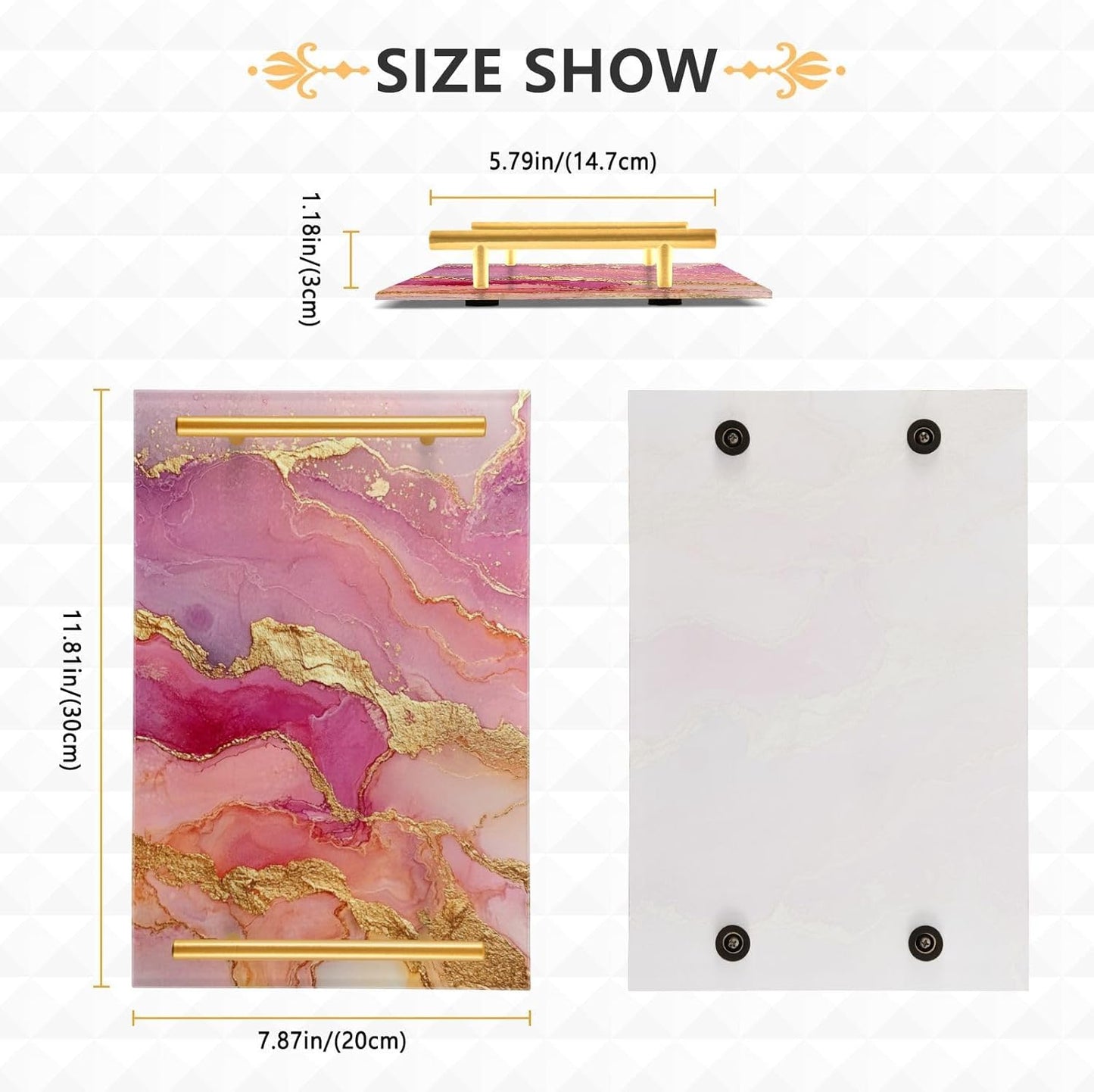 Marble Rose Gold Hot Pink Decorative Acrylic Cafeteria Tray with Handles Flat Serving Tray for Jewelry Perfume for Drink Serving Tabla para desayuno