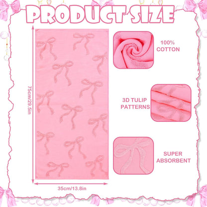 Whaline 3Pcs Pink Bow Hand Towel 3D Jacquard Cotton Towel Absorbent Coquette Dish Towels for Valentine's Day Home Kitchen Bathroom, 13.8 x 29.5 Inch