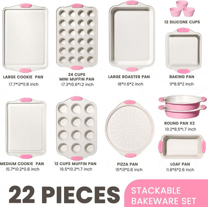 Kikcoin 22 PCS Nonstick Baking Pans Set, Stackable Bakeware Sets with Silicone Handles, 450°F Oven Safe Baking Sheet Set, Easy Release Cookie Sheets for Baking, Pink