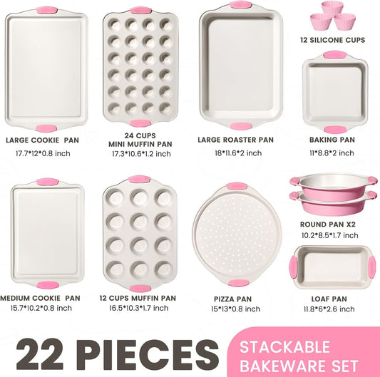 Kikcoin 22 PCS Nonstick Baking Pans Set, Stackable Bakeware Sets with Silicone Handles, 450°F Oven Safe Baking Sheet Set, Easy Release Cookie Sheets for Baking, Pink