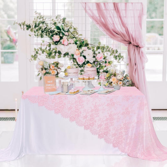 B-COOL Pink Lace Table Cloth 60 x 120 Inches Rectangle Vintage Embroidered Bridal Wedding Table Cloth Sheer Overlay for Rustic Outdoor Party Reception Home Decor