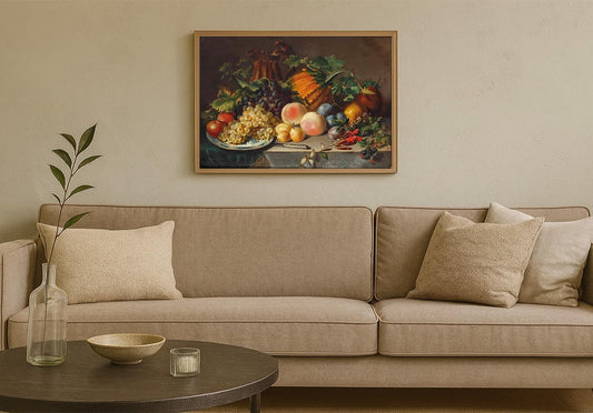 Vintage Still Life Wall Art Vintage Aesthetic Room Decor Classic Oil Painting Reproduction Fruits, Grapes, Peaches, Pumpkin & Flowers Elegant Home Décor for Living Room, Office, or Study Farmhouse Decor(8" x 12"-UNFRAMED)
