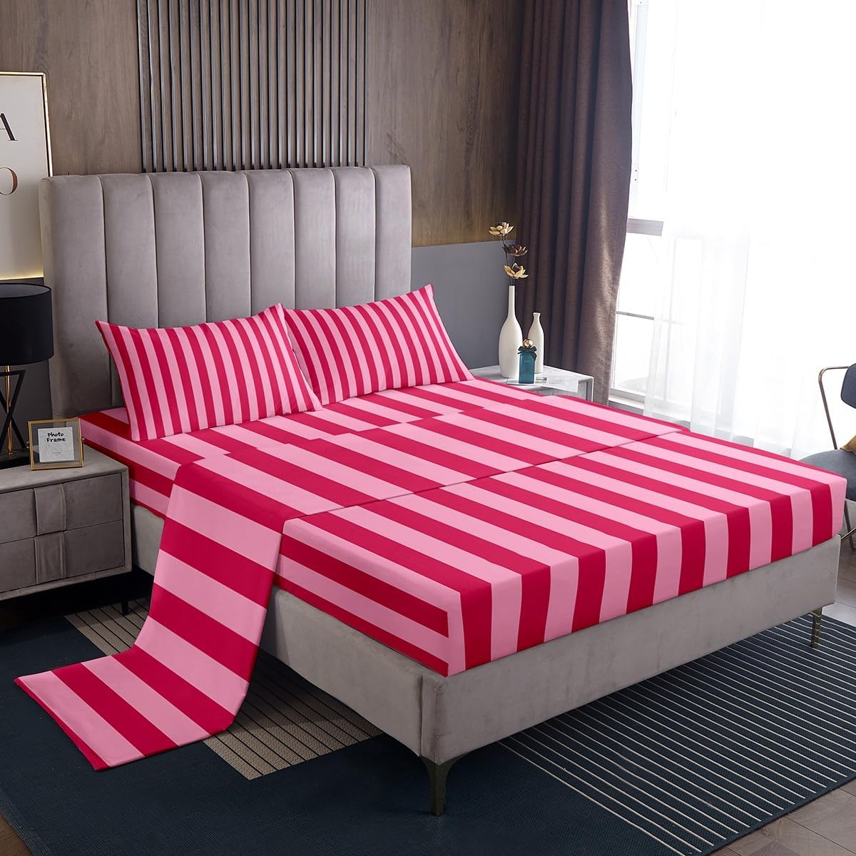 Rose Pink Red Bedding for Kids Boys Girls Abstract Stripes Bed Sheets Set King Size Geometric 4 Pieces Sheet with 16 Inch Deep Pockets Bedroom Decor Breathable Soft Lightweight Microfiber Modern 4Pcs