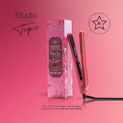 Almost Famous Tropico Tourmaline Ceramic 1.25" Professional Hair Straightener Flat Iron Pro for Hair Styling, Tourmaline Ceramic Panel with Adjustable Temperature - (Hibiscus Pink (New Model)