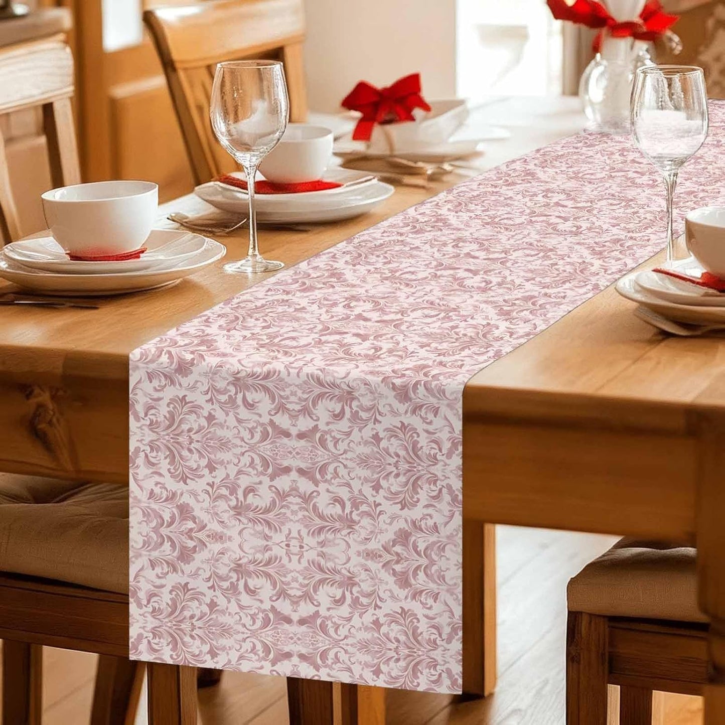 Table Runner 72 Inches Long, Pink Baroque Decorative Table Runner for Party Wedding Home Decor, Farmhouse Scroll Floral Damask Patterned Dresser Scarves for Bedroom Kitchen Tables Decor 13x72 Inch