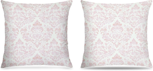 Pink Damask Floral Block Print Pillow Covers 18x18 Set of 2, French Country Light Pink and White Vintage Floral Decorative Throw Pillow Covers for Nursery Girls Room Bedroom Home