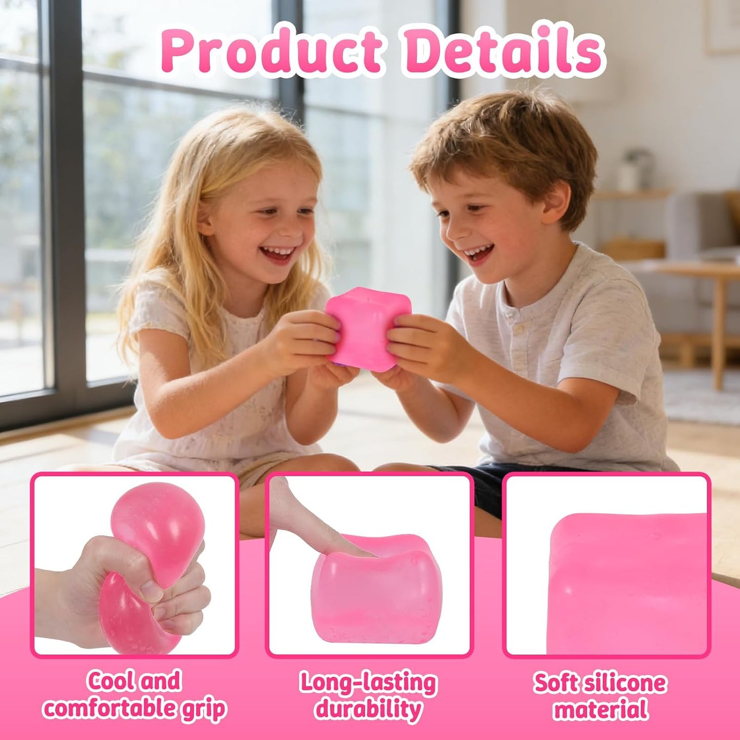 Squishy Ice Cube Fidget Toy,Large Squeeze Toys, Big Squishy Stress Ball with Durable Soft Texture, Extra-Satisfying Squeeze Toy for Adults and Boys & Girls Age 3+ (2.76in) (Pink)