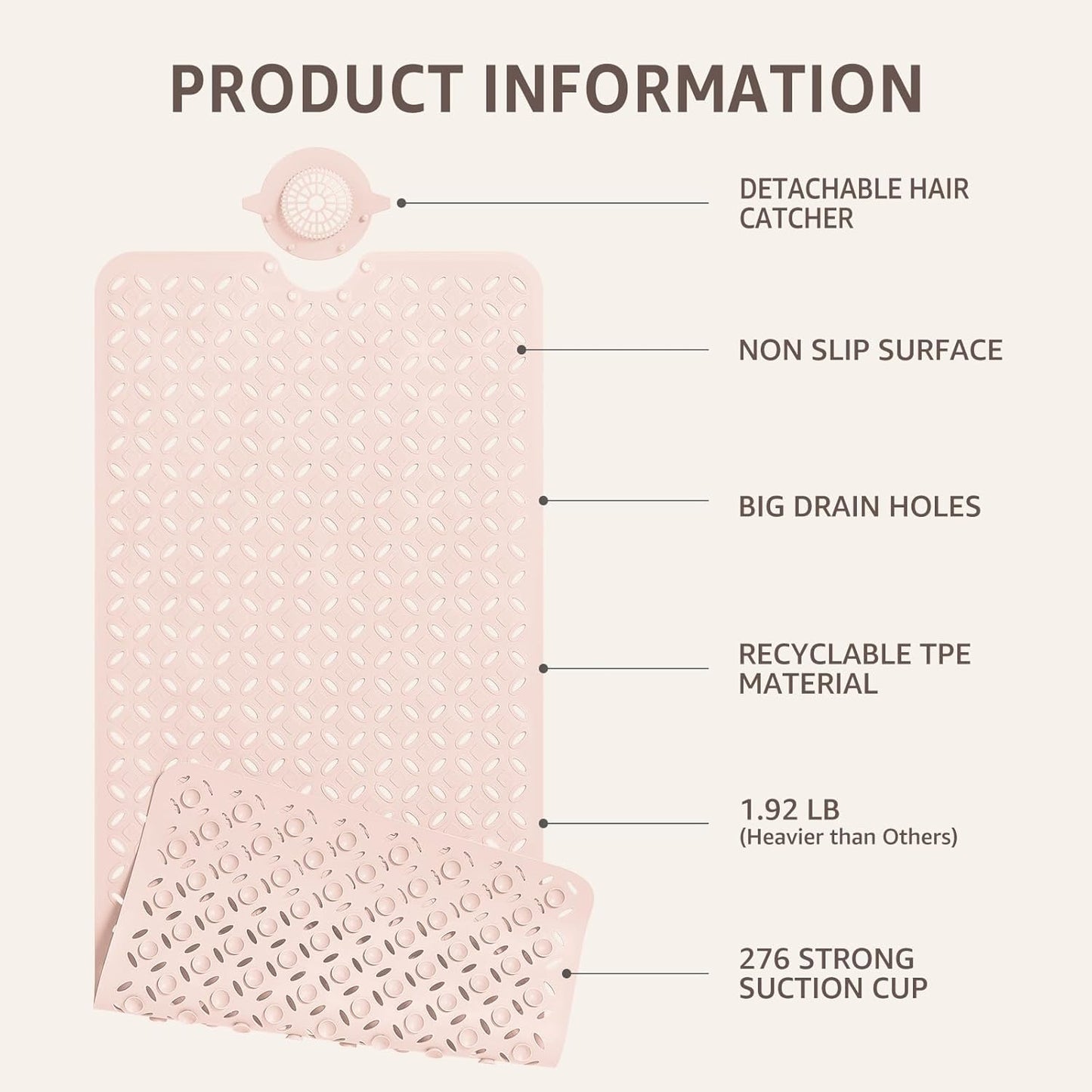 OTHWAY Bath Mat for Tub Non Slip: 39" X 17" Long Bathtub Mat with Hair Catcher│Big Drain Holes Shower Mats for Inside Shower│Machine Washable (Pink)