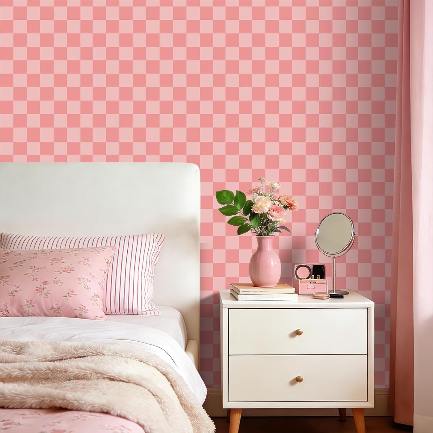 LACHEERY Pink Checkered Wallpaper Peel and Stick Pink Checkered Contact Paper Peel and Stick Gingham Checkerboard Wallpaper Geometric Removable Wall Paper for Bathroom Girls Bedroom Walls 17.5"x79"
