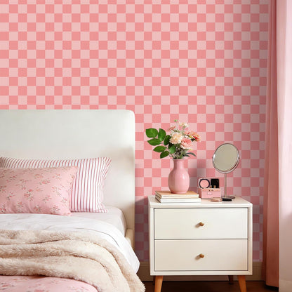 LACHEERY Pink Checkered Wallpaper Peel and Stick Pink Checkered Contact Paper Peel and Stick Gingham Checkerboard Wallpaper Geometric Removable Wall Paper for Bathroom Girls Bedroom Walls 17.5"x79"