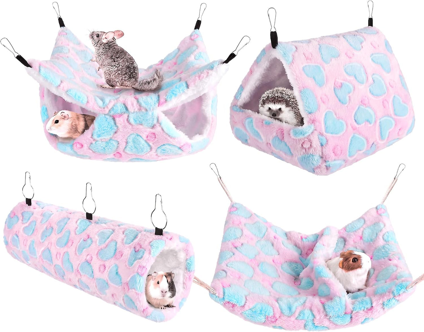 MCEAST 4 Pieces Small Pets Cage Accessories Hanging Hammock Sleeping Bag Tunnel and Bed Hideout Set Warm Sleep Nap Sack Bed for Hamster Ferret Squirrel Rabbit, Pink Hearts