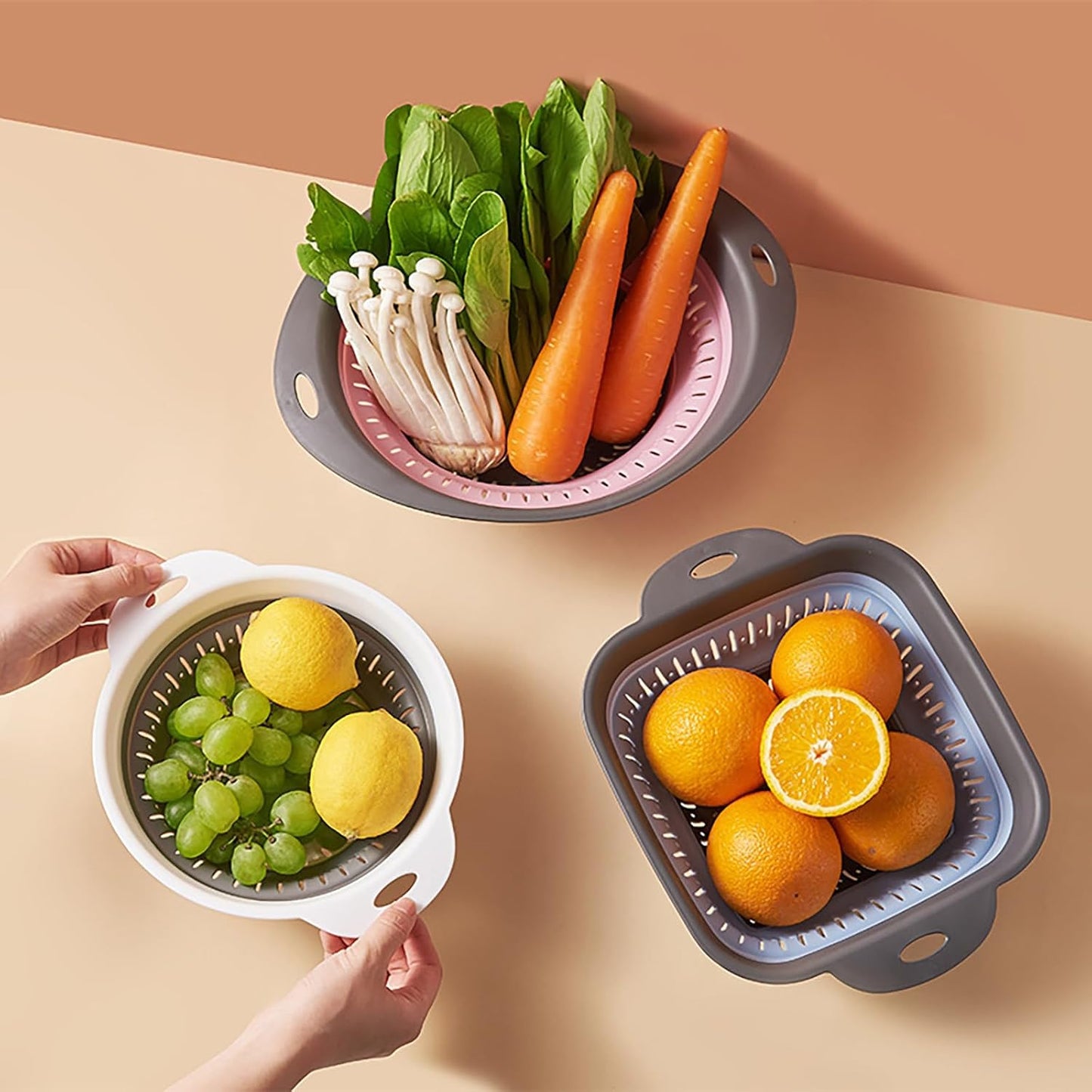Collapsible Kitchen Colander and Strainer Set - Round Folding Food Strainer, Space-Saving Silicone Colander for Pasta, Vegetables & Fruits, Dishwasher-Safe Colander, Easy Storage Colander for Kitchen
