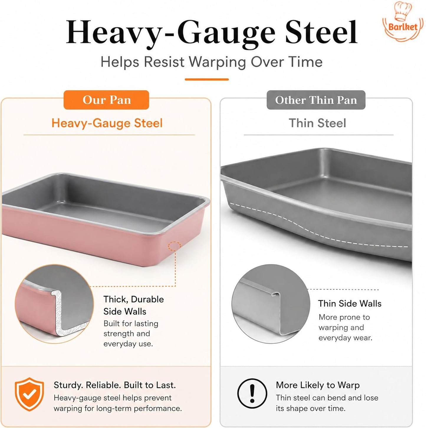 9x13 Inch Baking Pan 2 Pack, Heavy Duty Carbon Steel Lasagna Pan, 2.5 Inch Deep Nonstick Rectangular Cake Pans for Brownies, Casserole & Roasting, Pink Exterior with Gray Interior