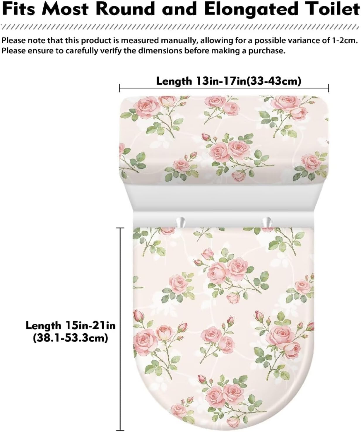 Pink Rose Toilet Seat Cover for Spring Decor 2 PCS Floral Toilet Lid Tank Cover for Bathroom Machine Washable Stretchable Fit for Round Oval Elongated Toilets, Pink