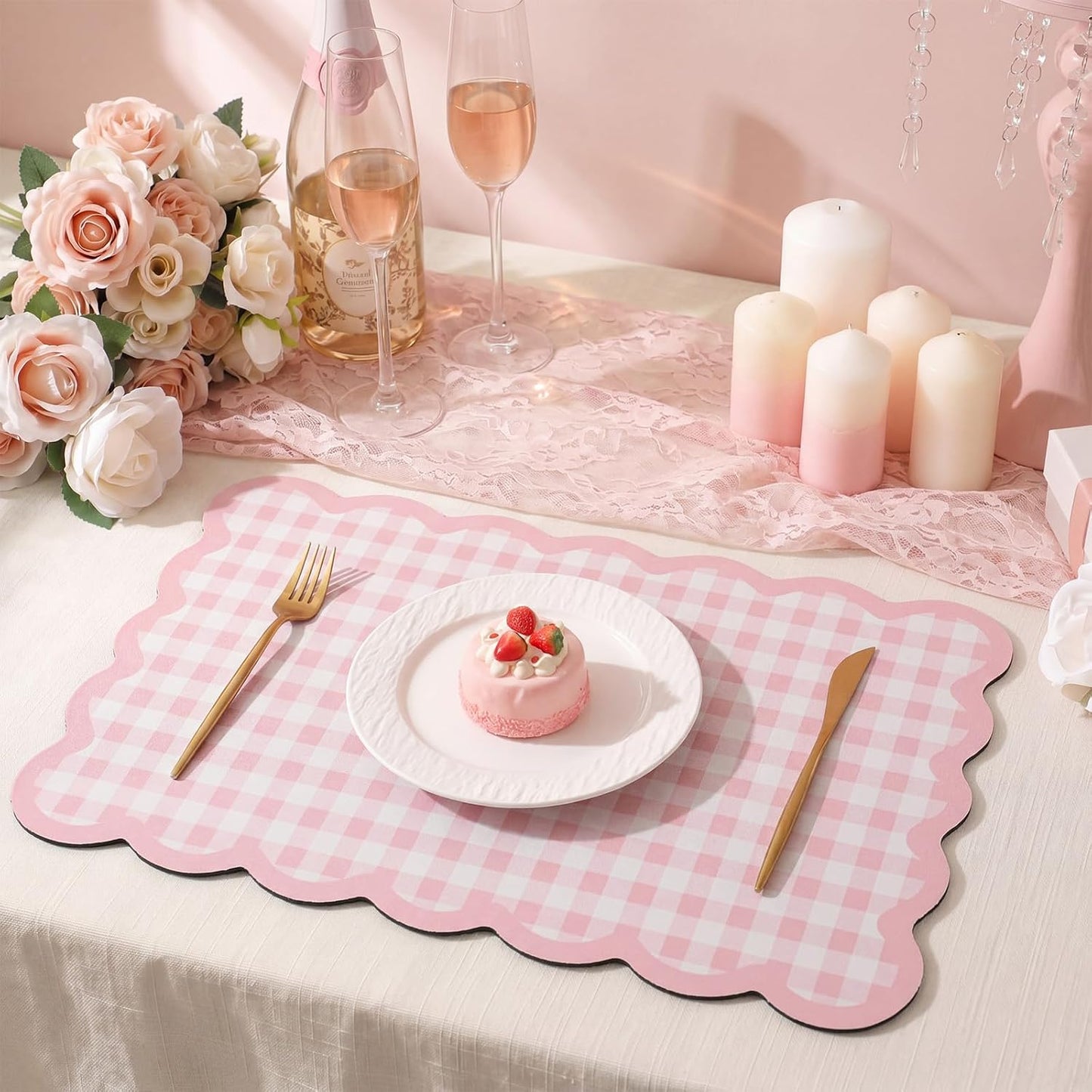 Scalloped Gingham Coffee Mat 12" x 20" Absorbent Coffee Bar Mat Gingham Espresso Matt for Counter(Pink)