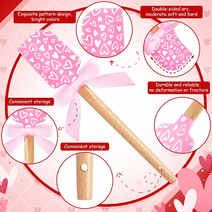3 Pcs Valentine Silicone Spatulas with Wooden Handles Valentine Pattern Heat Resistant Baking Silicone Spatulas with Pink Satin Ribbon Bows for Baking, Cooking and Sauteing