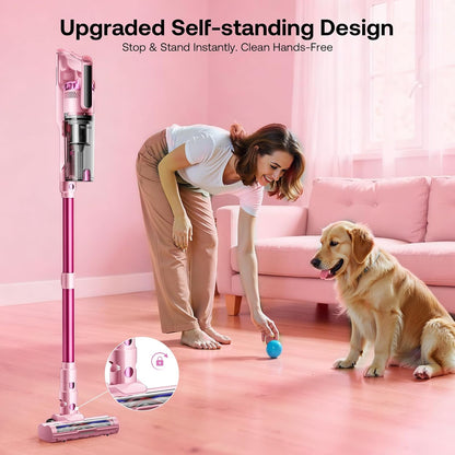 Trucozie Cordless Vacuum Cleaner, Self-Standing Lightweight Stick Vacuum with 50 mins Runtime, Powerful Suction, Anti-Tangle Wireless Vacuum for Home, Hardwood Floor, Carpet, Pet Hair, Pink