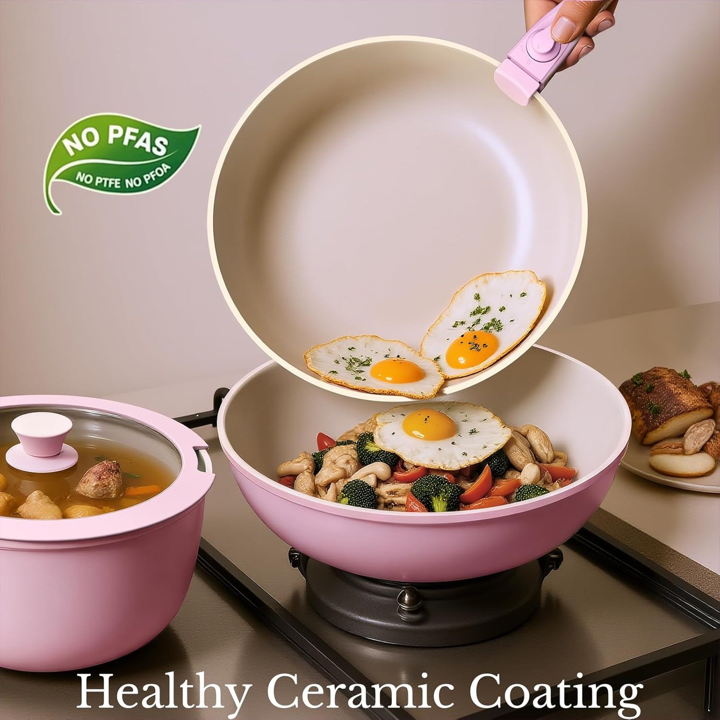 Pots and Pans Set Non Stick, Ceramic Cookware Set Detachable Handle, RV Camping Kitchen Cooking Set Removable Handles, Dishwasher/Oven/Fridge Safe, Induction, Space Saving，PINK