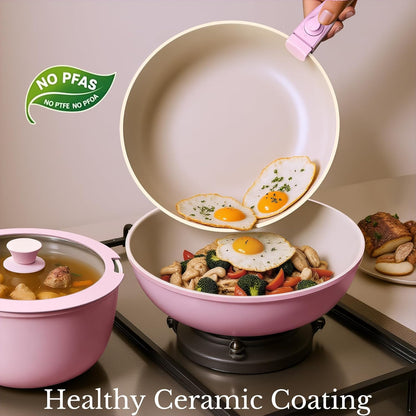 Pots and Pans Set Non Stick, Ceramic Cookware Set Detachable Handle, RV Camping Kitchen Cooking Set Removable Handles, Dishwasher/Oven/Fridge Safe, Induction, Space Saving，PINK