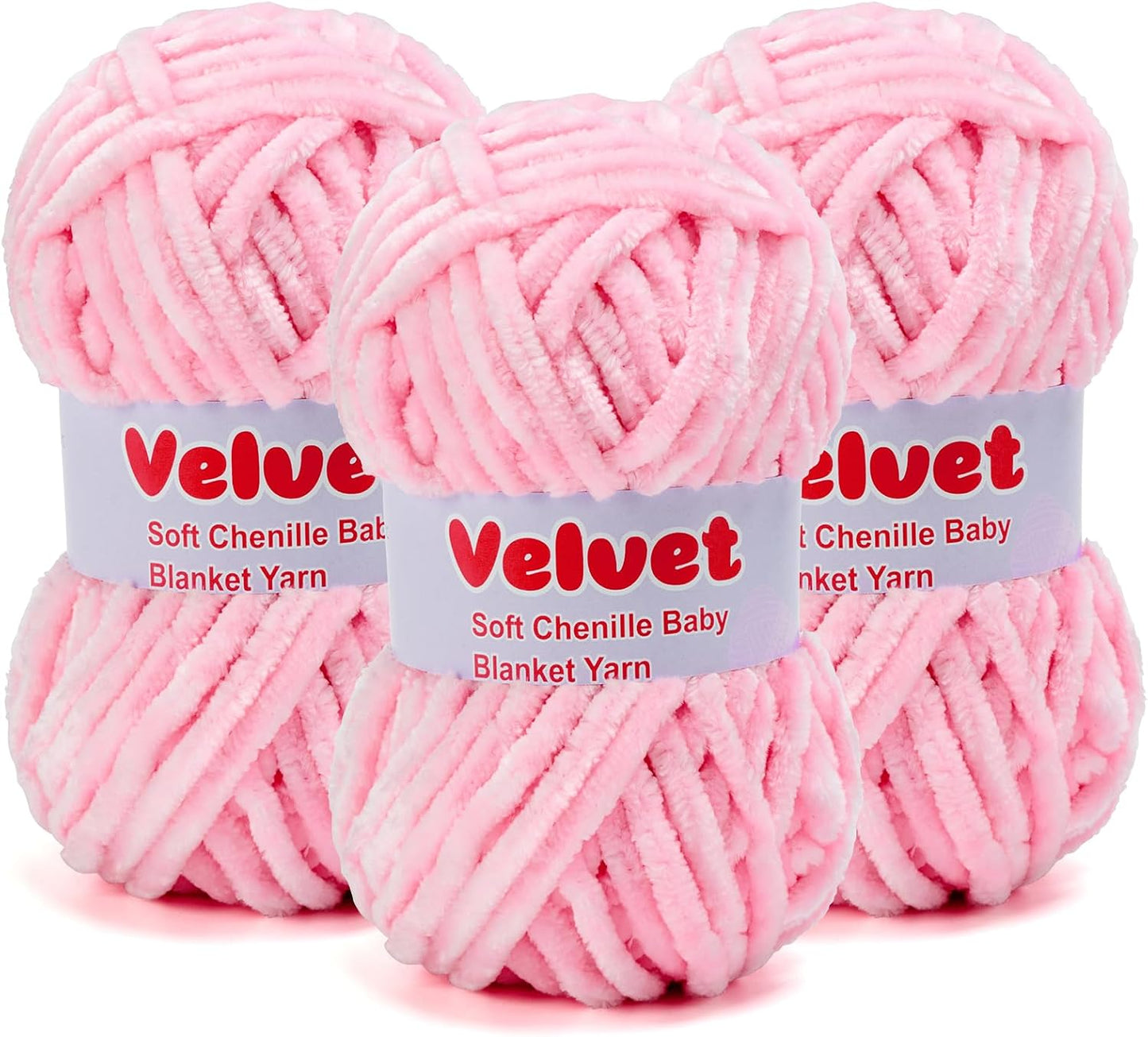 Soft Velvet Chenille Yarn for Crocheting & Knitting - Bulky Yarn for DIY Weaving Crafts 3 Skeins Pink (3.5oz 66yds/Skein)