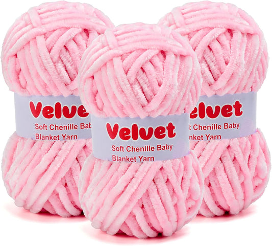 Soft Velvet Chenille Yarn for Crocheting & Knitting - Bulky Yarn for DIY Weaving Crafts 3 Skeins Pink (3.5oz 66yds/Skein)