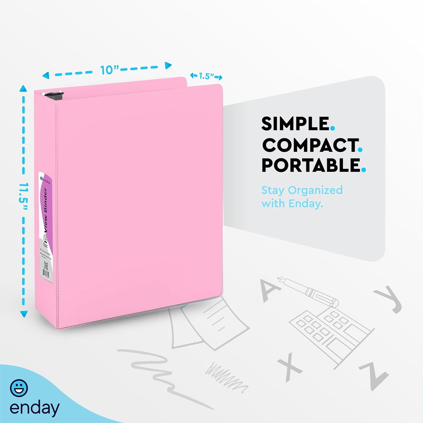 Enday 1.5 Inch Binder, Pink - 1.5 Inch 3 Ring Binder, Round Ring Pastel with Clear View Cover for Letter Size 8.5 x 11'' Paper & 2 Inside Pockets, Ideal for School Supplies, Office, and Home