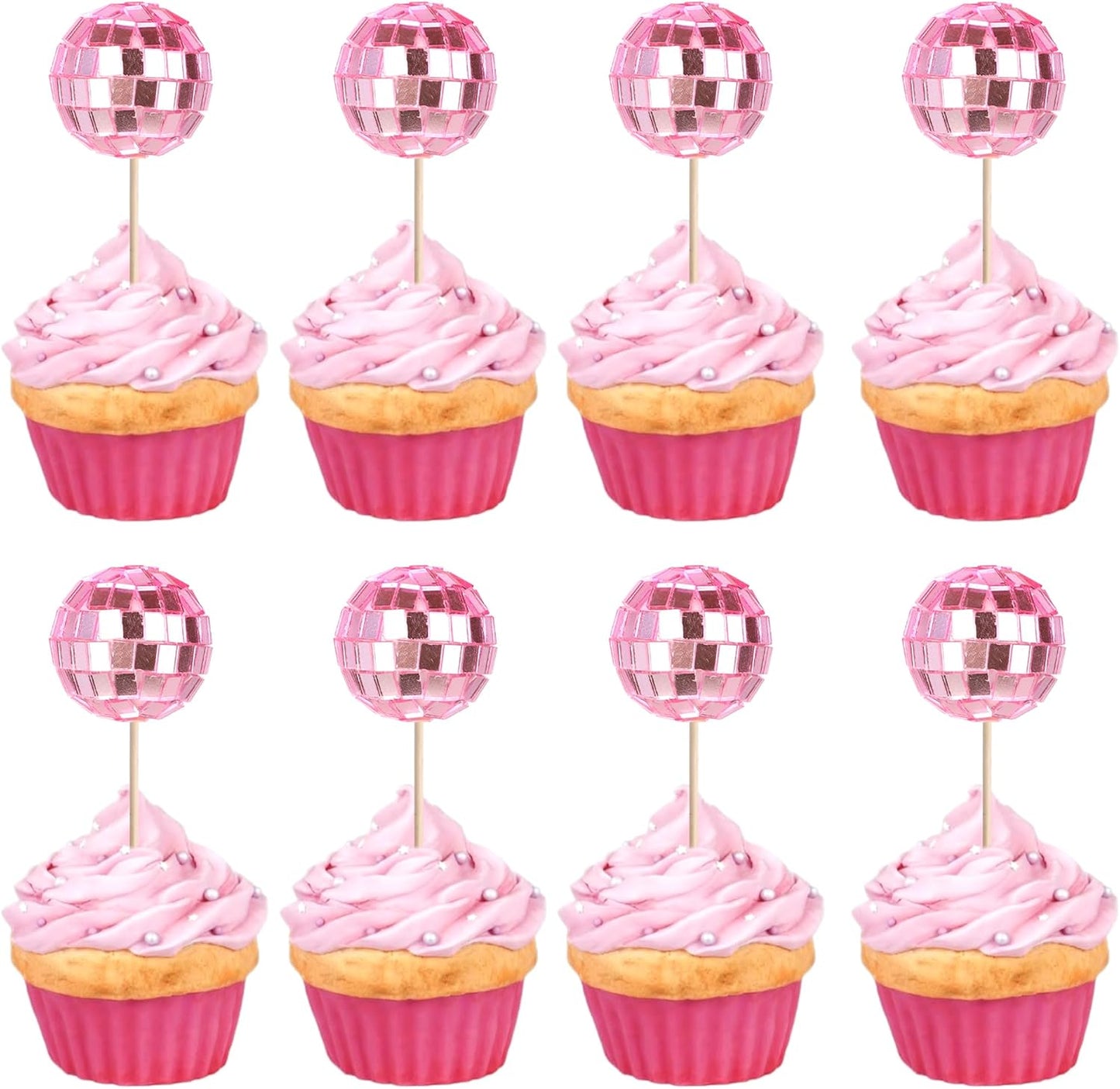 Rsstarxi 24 Pack Pink Disco Ball Cupcake Toppers Reflective Mirror Disco Ball Cake Toppers Disco Ball Decor for 70s Disco Theme Birthday Party Cake Decorations