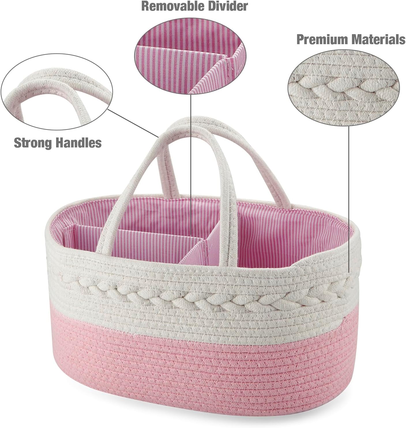 PandaEar Baby Diaper Caddy Organizer Cotton Rope Nursery Storage Basket Portable Car Organizer for Baby Shower Gifts Newborn Infants -Pink