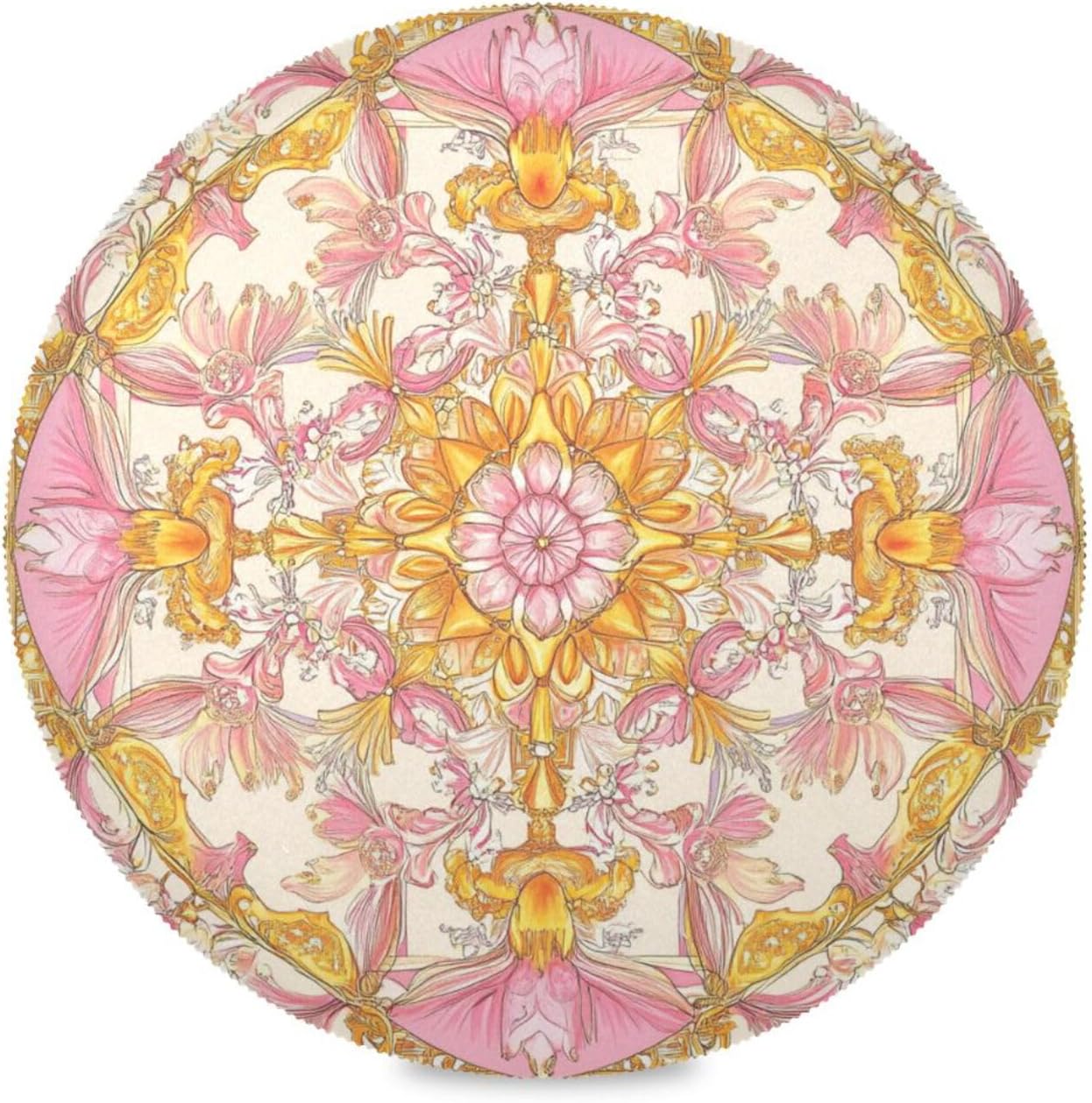 Retro Floral Pattern Gold and Peach Round placemat Reversible placemats Washable Cloth placemats Table Plate mat placemats Waterproof Set of 6 placemats for Non Slip 15.4x15.4in