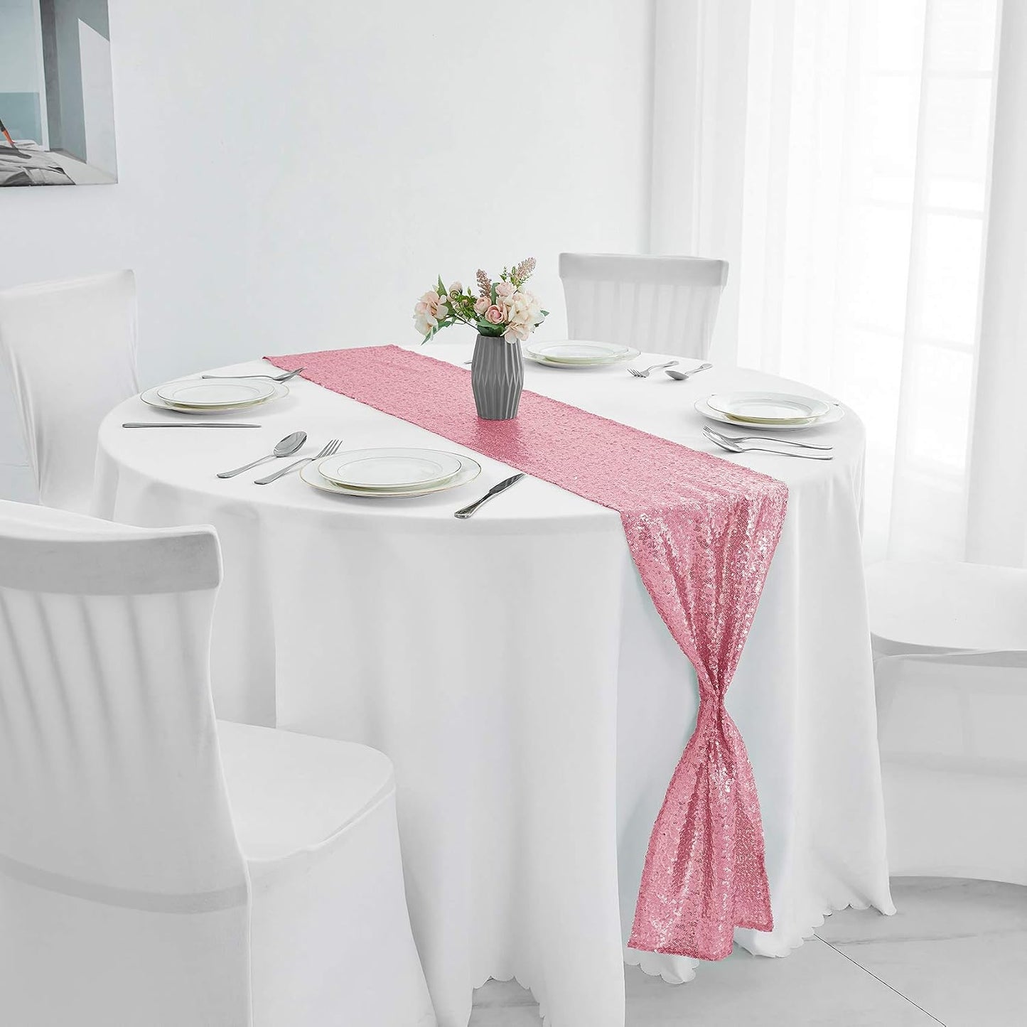 2 Packs 12 x 72 inches Light Pink Sequin Table Runner, Glitter Runner for Birthday Party Supplies Decorations Wedding Bachelorette Holiday Celebration Bridal Shower Baby Shower