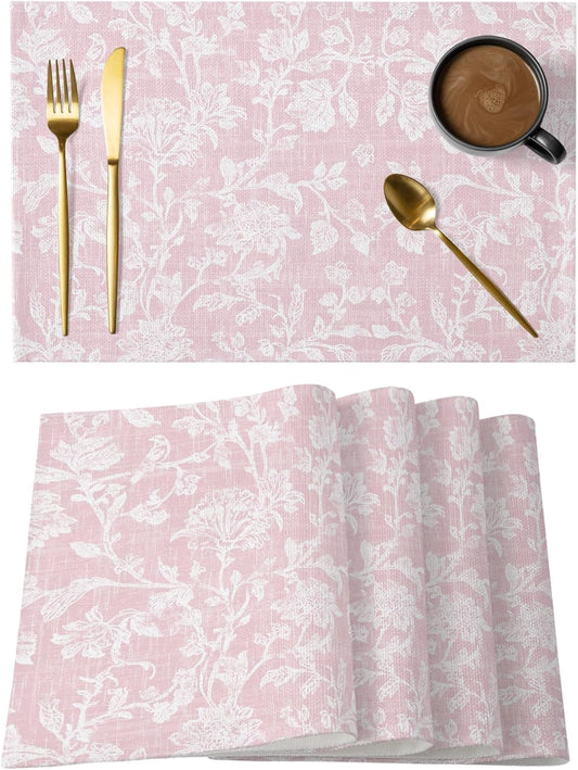Botanical Rose Placemats Set of 6, Vintage Blush Pink Floral Leaf Summer Farmhouse Placemats for Dining Table, Place Mats for Kitchen Tabletop, Waterproof Wipeable Dining Table Mats Set