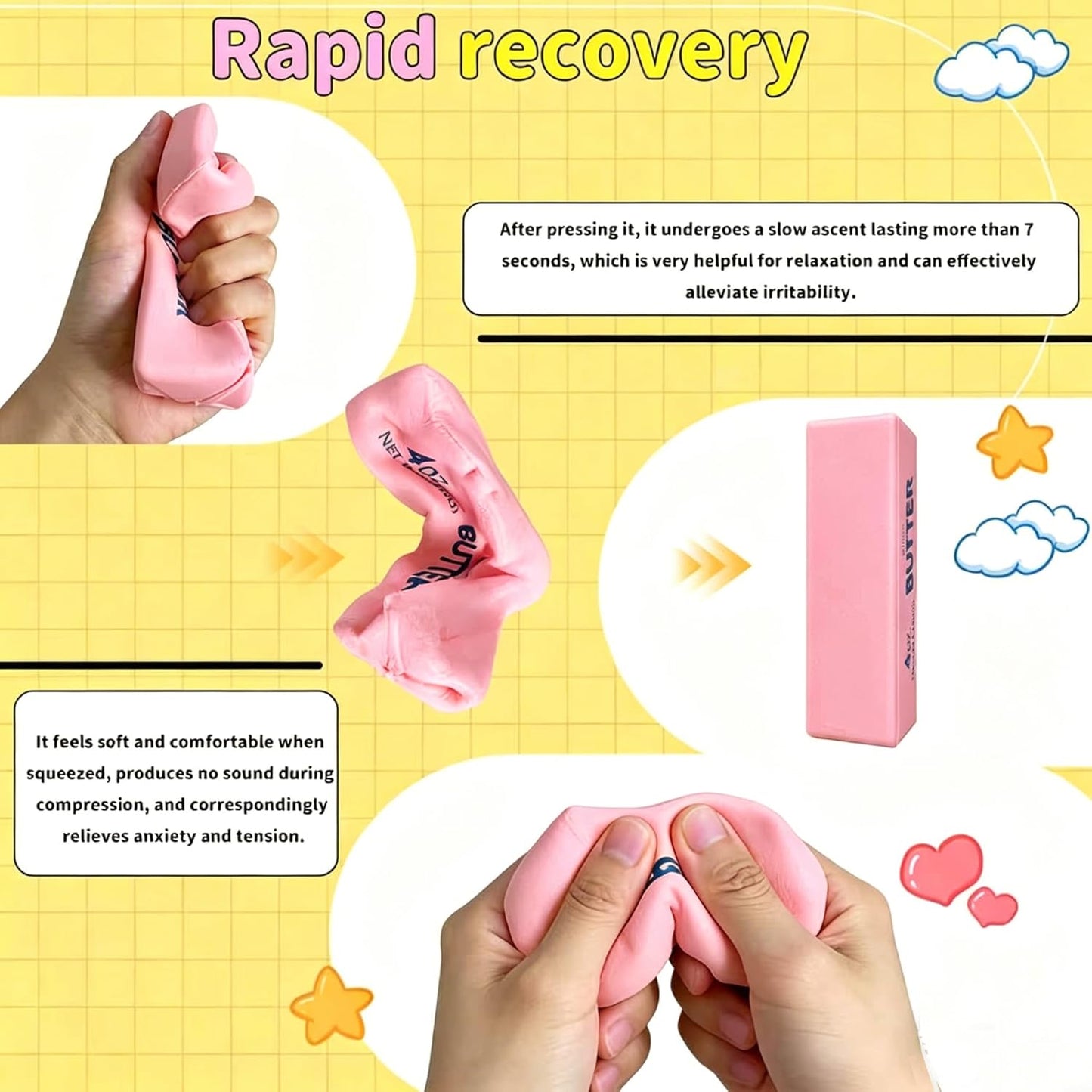 2026 Upgraded Slow Rebound Butters Squeeze Stress Balls, Soft Butters Stick Squishies Toy, Slow Rising Sensory Fidget Toy for Stress Relief & Calming（Pink）