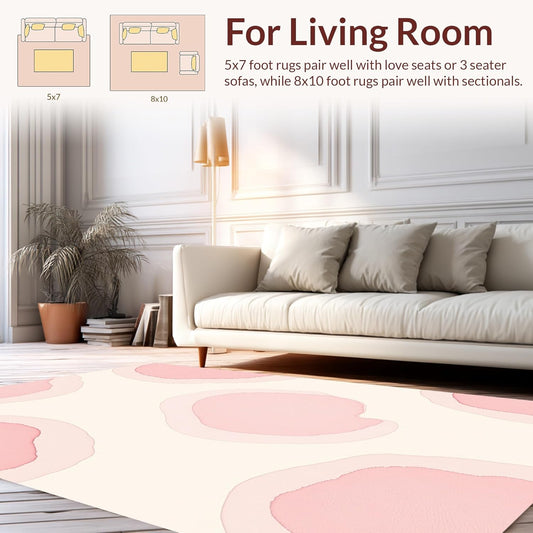 Flatwoven High Traffic Area Rug 5x7, Abstract Brushstroke Watercolor Minimalist Contemporary, Non Slip, Stain Resistant, Washable Area Rugs for Living Room, Bedroom (Pink, 5x7)