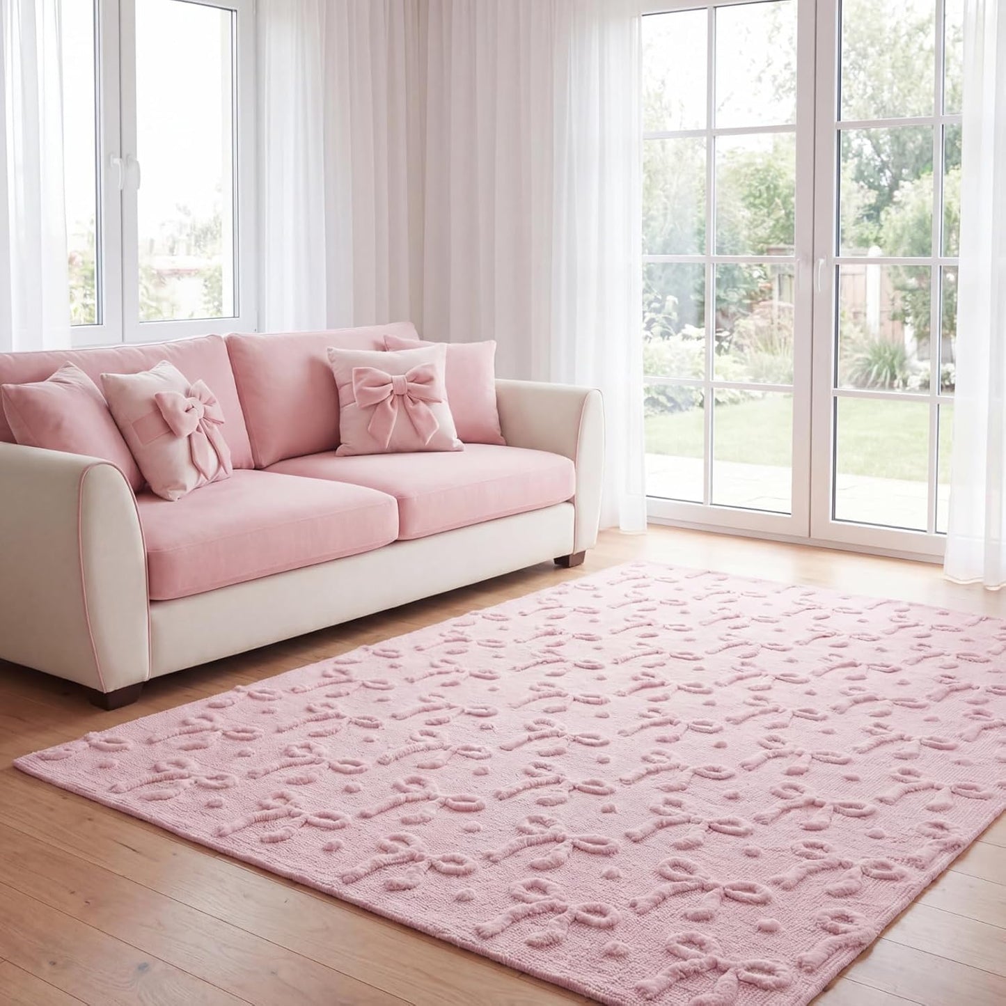 Pink Bow Area Rugs 4 x 6 ft Cute Sweet Throw Rugs Pink Plush Faux Fur Aesthetic Soft Bedroom Carpet for Living Room Dining Playroom Nursery Family Indoor Dorm