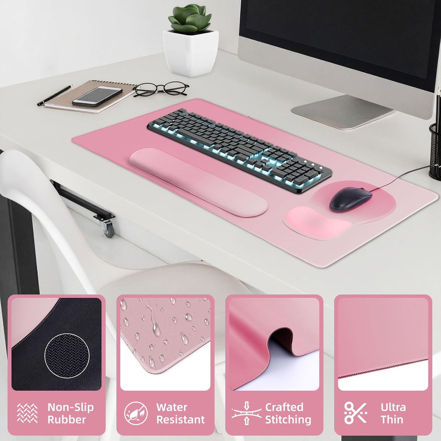 Boutilon Mouse Pad Set,Desk Writing Pad with Wrist Rest, Ergonomic Wrist Support Mouse Pad, Keyboard Wrist Rest, Cup Coaster for Gaming Working Home Office (Rose Pink)